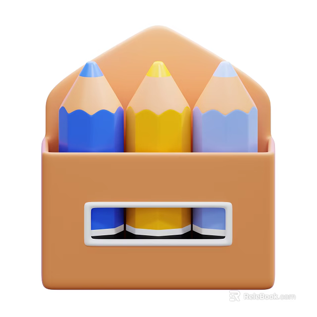 Decorative Ornament Set with Orange Container Three Colored Pencils Blue Yellow Wavy Edges Front Window 3d model 