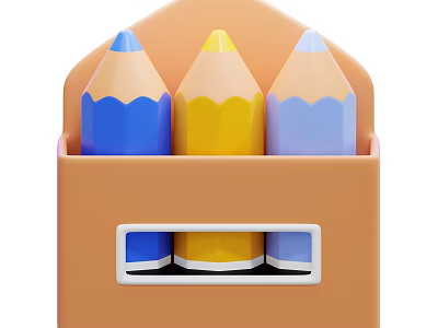Decorative Ornament Set with Orange Container Three Colored Pencils Blue Yellow Wavy Edges Front Window 3d model