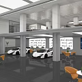 Car Dealership Interior With Luxury Sports Cars Display Wall And Lounge Area