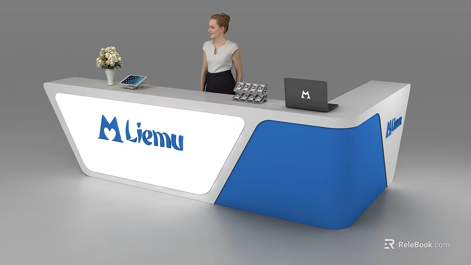 Modern Reception Desk With Blue White Design Liemu Logo Laptop Tablet And Staff Standing 3d model 