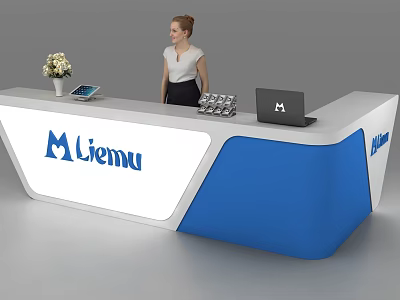 Modern Reception Desk With Blue White Design Liemu Logo Laptop Tablet And Staff Standing 3d model