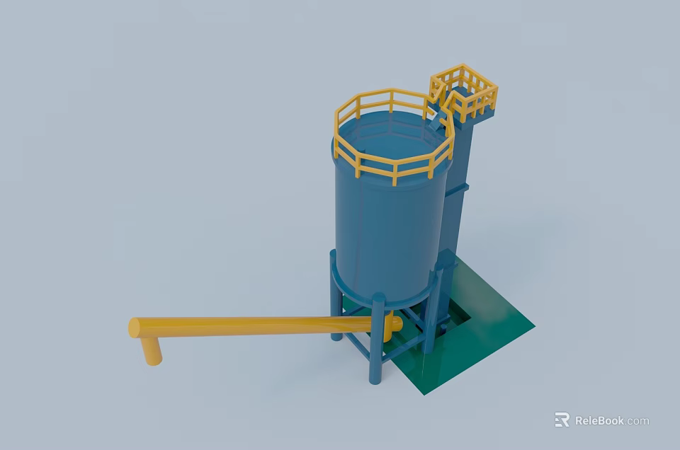 Industrial Blue Storage Tank With Yellow Railings Pipes And Green Base Platform 3d model 
