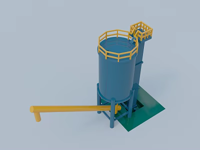 Industrial Blue Storage Tank With Yellow Railings Pipes And Green Base Platform 3d model