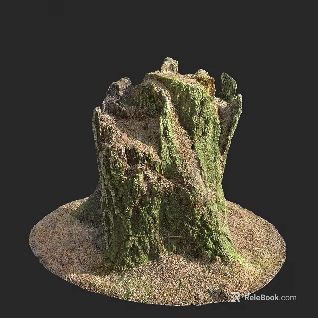 Rustic Wood And Stone Stump Decor With Mossy Surface Texture 3d model 
