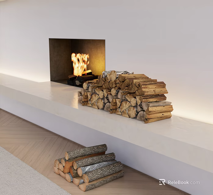 Warm Stone Fireplace Interior With Burning Flames And Neatly Stacked Wood Logs 3d model 