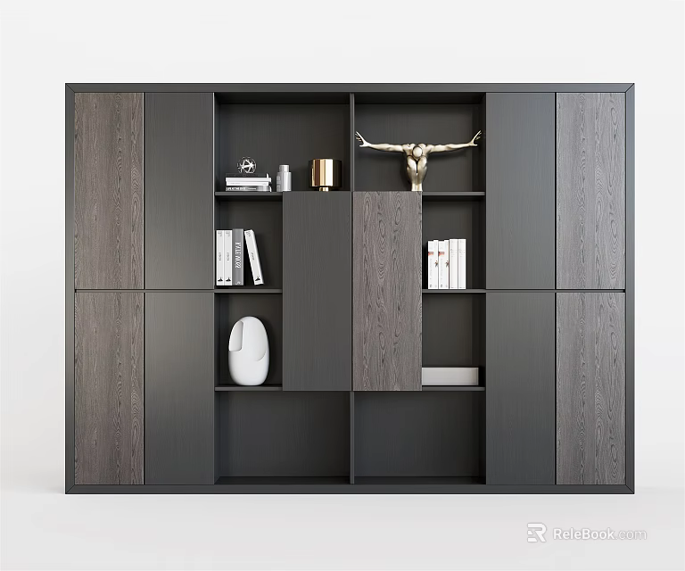 Modern Minimalist Dark Wood Bookcase With Open Shelves Closed Cabinets And Books 3d model 