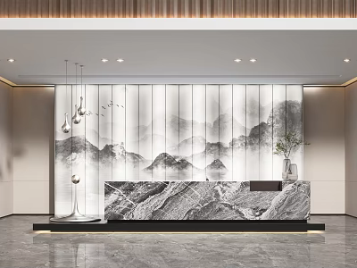 Elegant Hotel Lobby Interior With Marble Reception Desk And Mountain Landscape Wall Art 3d model