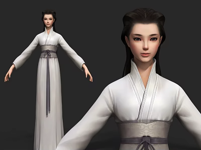 Ancient Style Female Game and Movie Character in White Robe with Sash and Long Hair 3d model