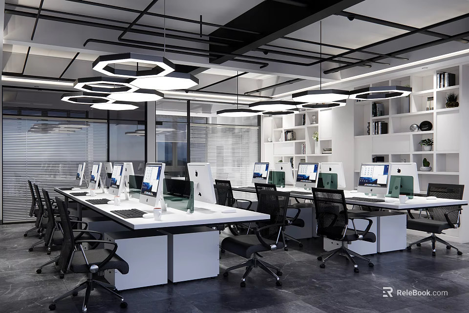 Modern Public Office Space Interior With Work Desks Computers Black Ergonomic Chairs And Hanging Lights 3d model 