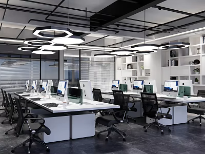 Modern Public Office Space Interior With Work Desks Computers Black Ergonomic Chairs And Hanging Lights 3d model