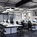 Modern Public Office Space Interior With Work Desks Computers Black Ergonomic Chairs And Hanging Lights