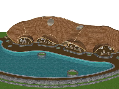 Domed Outdoor Relaxation Buildings With Central Swimming Pool And Green Lawn Area 3d model