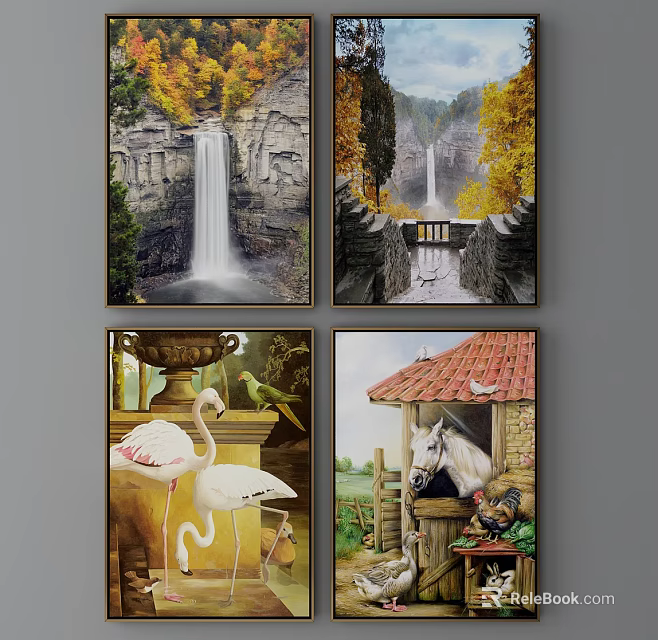 Landscape Paintings Featuring Waterfall Autumn Leaves Flamingos Country Cottage And Horse 3d model 