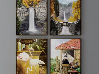 Landscape Paintings Featuring Waterfall Autumn Leaves Flamingos Country Cottage And Horse 3d model