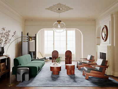 Modern Living Room Interior With Green Sofa Wooden Chairs Area Rug And Fireplace 3d model