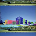 Modern Multi Story Office Building With Glass Facade And Landscaped Gardens