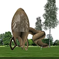 Wooden Rocket Shaped Playground Equipment With Spiral Slide In Outdoor Grassy Area With Trees