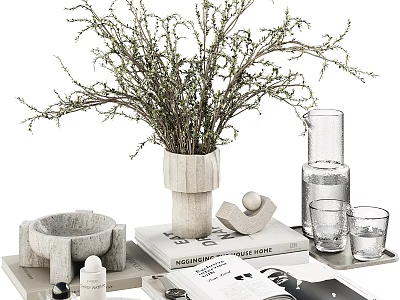 Minimalist Modern Decorative Ornament Set With Vase Dried Branches Glass Cups Tray And Books 3d model
