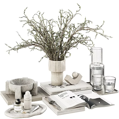 Minimalist Modern Decorative Ornament Set With Vase Dried Branches Glass Cups Tray And Books 3d model