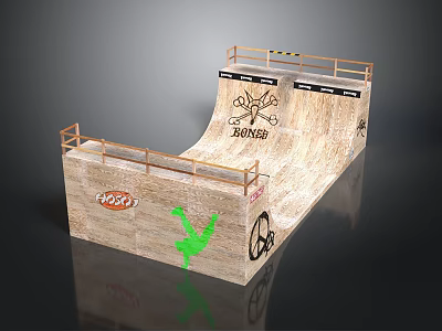 Wooden Skateboard Ramp With Graffiti Art Railings And POSCA Brand Details 3d model