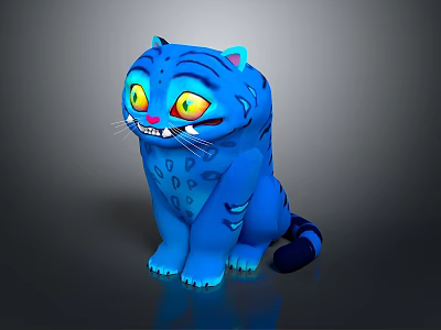 Blue Cartoon Tiger Plush Toy With Big Yellow Eyes And Striped Design 3d model