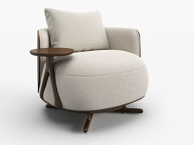 Beige Fabric Armchair With Wooden Legs And Round Wooden Side Table Modern Style 3d model