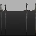 Four Ornate Swords With Intricate Hilt Designs And Decorative Carvings On Black Background