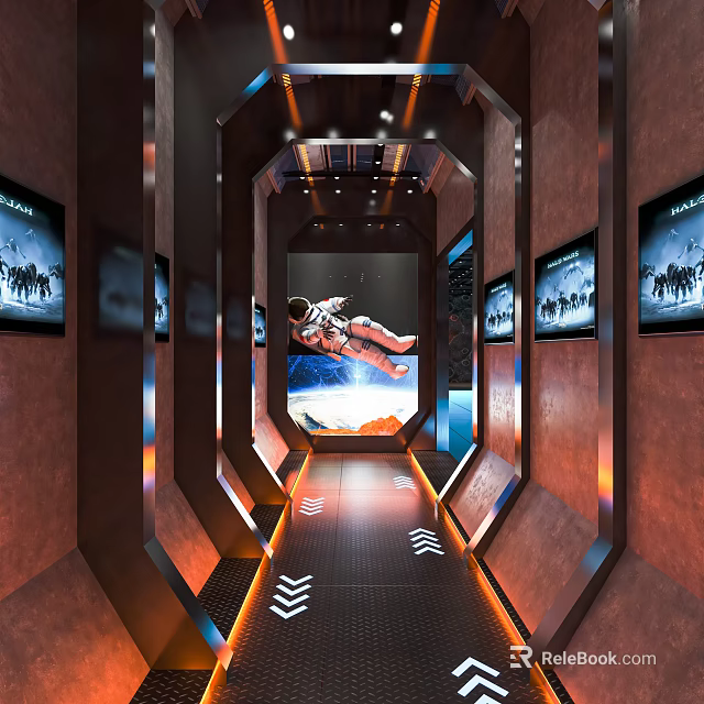 Space Themed Bar Corridor With Astronaut Mural Screens And Modern Lighting Decor 3d model 