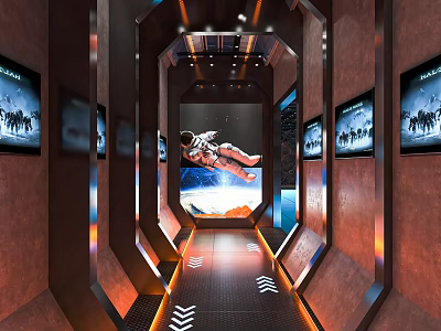 Space Themed Bar Corridor With Astronaut Mural Screens And Modern Lighting Decor 3d model