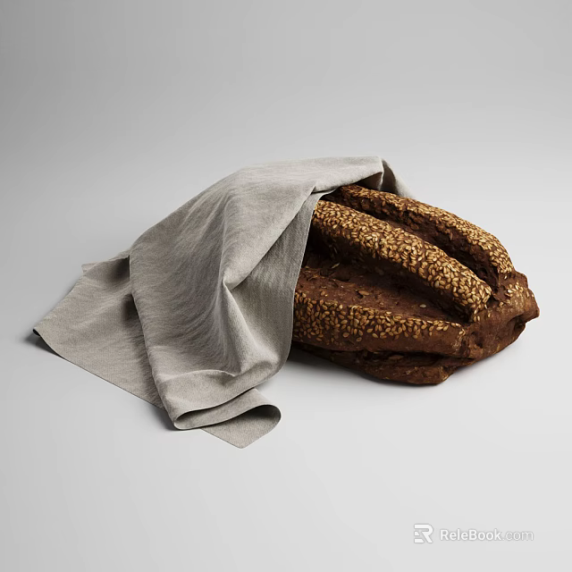 Fresh Sliced Rye Bread with Seeds Wrapped in Gray Cloth on Gray Background 3d model 