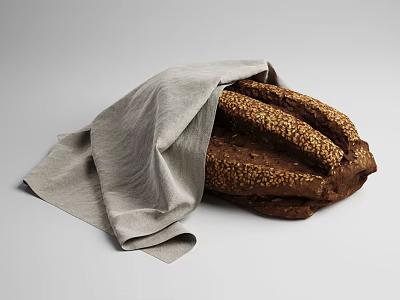 Fresh Sliced Rye Bread with Seeds Wrapped in Gray Cloth on Gray Background 3d model