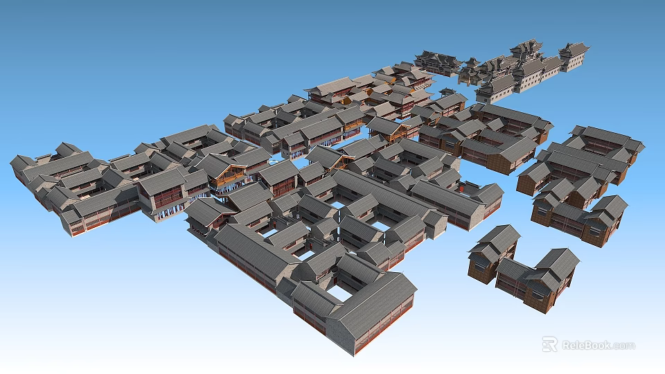 Ancient Architectural Complex With Grey Roofs And Traditional Courtyard Layout 3d model