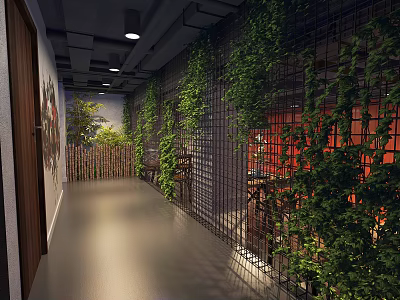 Hotel Corridor With Lush Green Plants On Metal Grille Walls And Warm Ceiling Lights 3d model