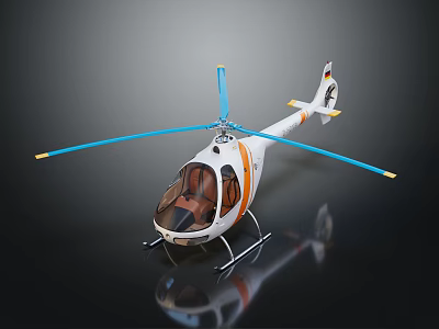 White and Orange Helicopter with Blue Rotor Blades Transparent Cockpit and Reflection 3d model
