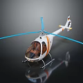 White and Orange Helicopter with Blue Rotor Blades Transparent Cockpit and Reflection