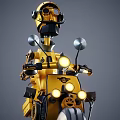 Intelligent Machine Robot Riding Yellow Scooter With Helmet And Headlights