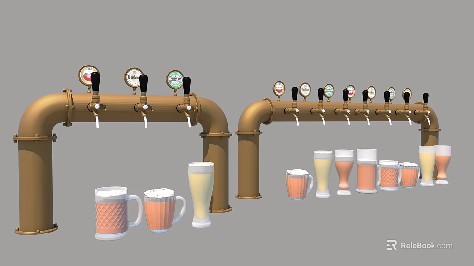 Beer Taps With Various Beer Mugs In Different Colors And Styles 3d model
