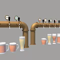 Beer Taps With Various Beer Mugs In Different Colors And Styles 3d model