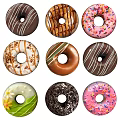 Assorted Delicious Donuts With Colorful Toppings Glazed Sprinkles And Chocolate Drizzle