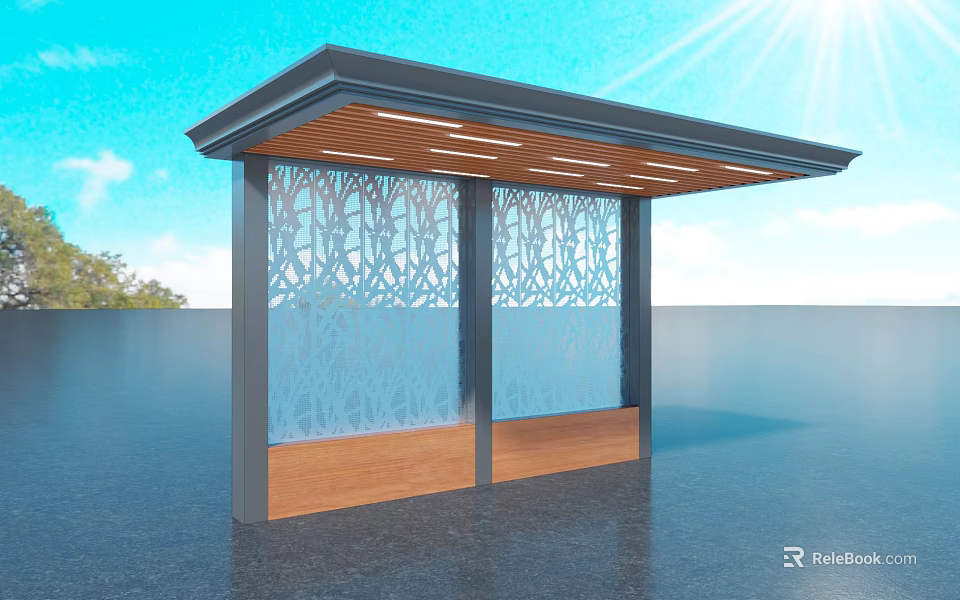 Modern Canopy with Intricate Cut-out Patterns and Wooden Base Against Blue Sky and Water Surface 3d model 