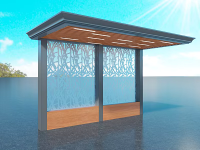 Modern Canopy with Intricate Cut-out Patterns and Wooden Base Against Blue Sky and Water Surface 3d model