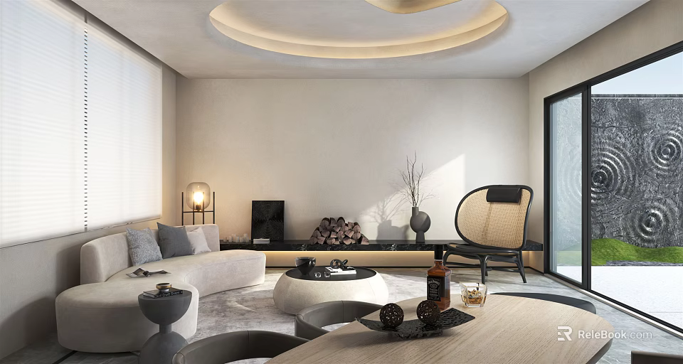 Modern Living Room Interior With Light Sofa Round Coffee Table And Floor Lamp 3d model 
