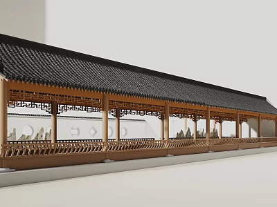 Traditional Chinese Ancient Architecture with Black Tiled Roof and Wooden Corridor Carved Railings White Walls 3d model