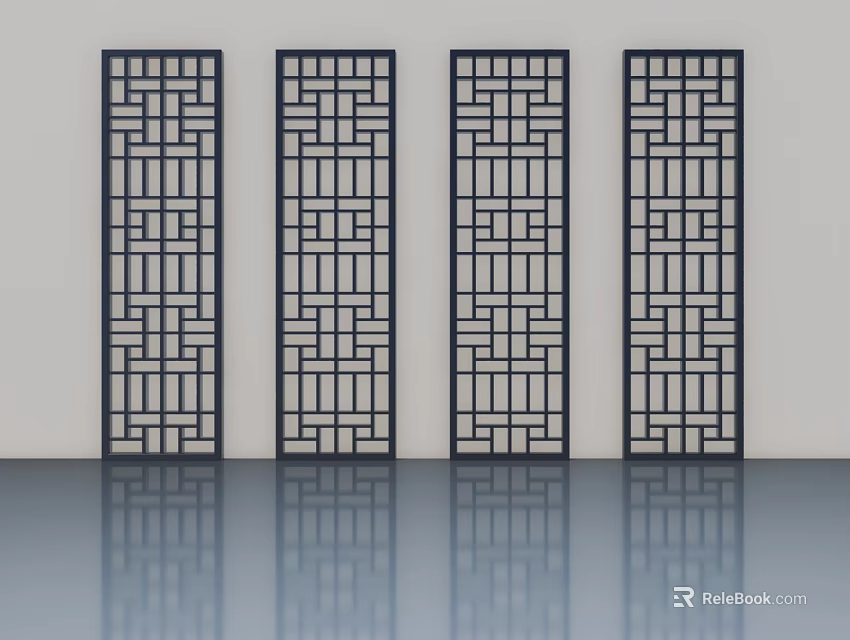 Four Black Hinged Doors With Traditional Geometric Patterns On White Background And Floor Reflection 3d model