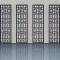 Four Black Hinged Doors With Traditional Geometric Patterns On White Background And Floor Reflection 3d model
