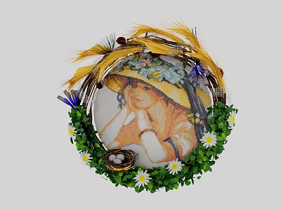 Rustic Photo Frame With Wheat Ears Green Leaves White Daisies Purple Accents And Woman Portrait 3d model