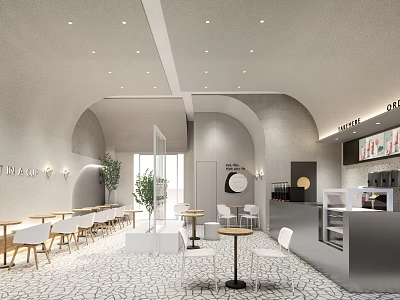 Modern Bubble Tea Shop Interior With Arch Design Ceiling Lights White Chairs And Round Tables 3d model