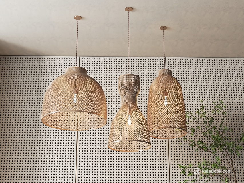 Modern Three Textured Pendant Lights Hanging Over Perforated Wall With Green Plant 3d model 