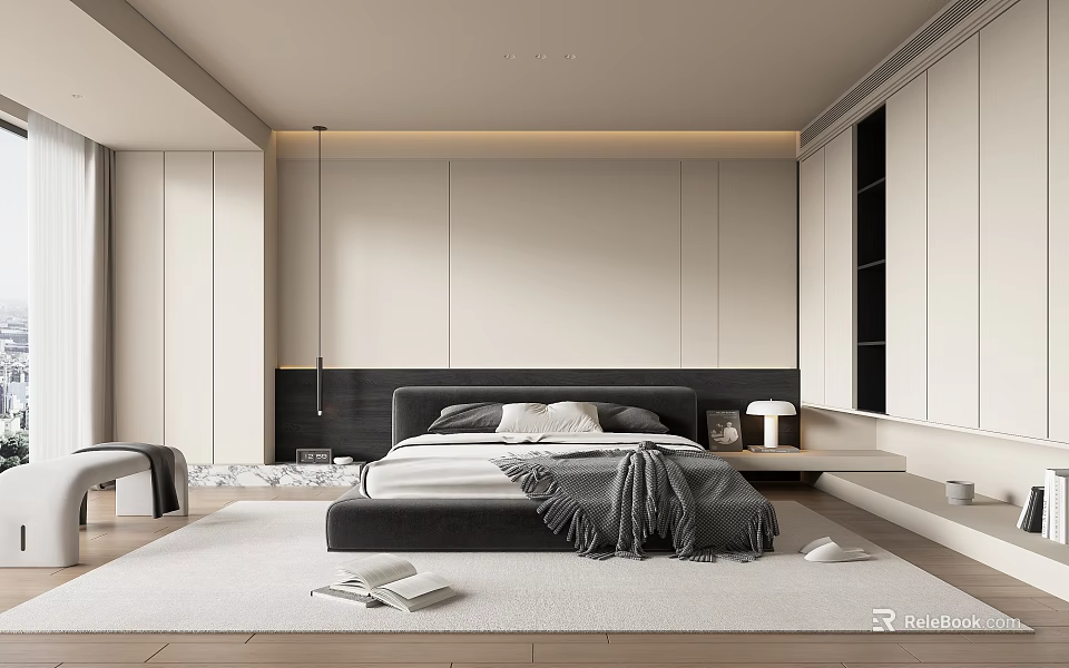 Modern Minimalist Bedroom Interior Design With Neutral Tones King Bed And Plush Rug 3d model 