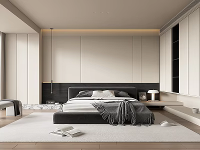 Modern Minimalist Bedroom Interior Design With Neutral Tones King Bed And Plush Rug 3d model